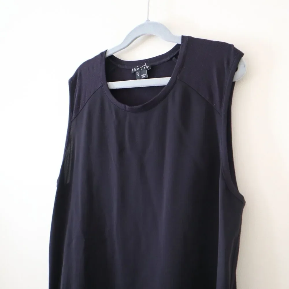 Theory Size S Roliet Modern Silk Satin & Jersey Mixed Tank Top Navy Blue Black